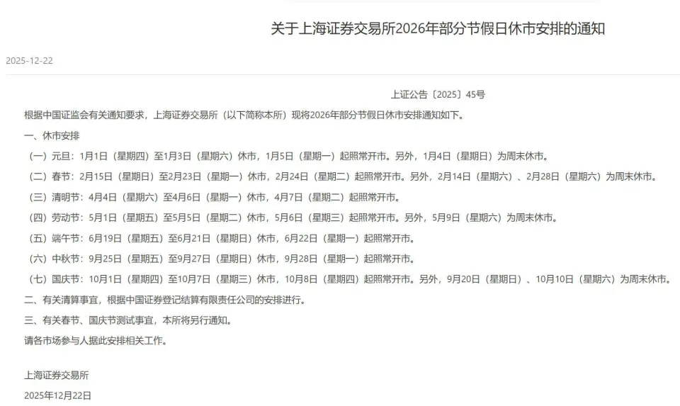 2026年沪深北三大交易所节假日休市安排通知详情