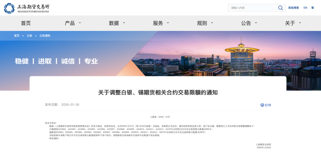 1月26日上海期货交易所调整白银、锡等期货交易规则详情